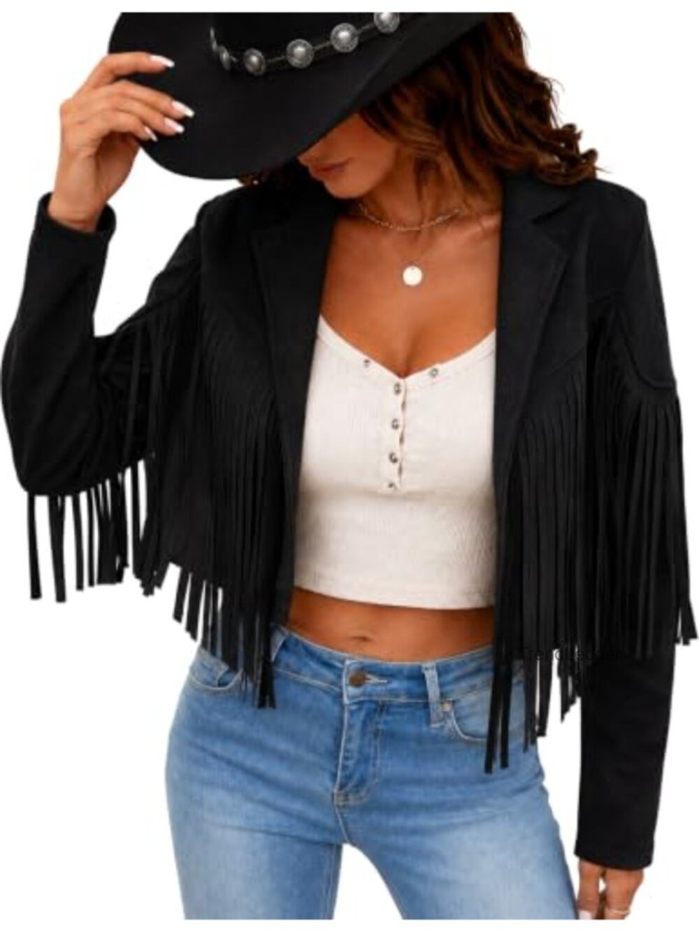 Faux Suede Fringe Tassel Cropped Open Front Western Jacket